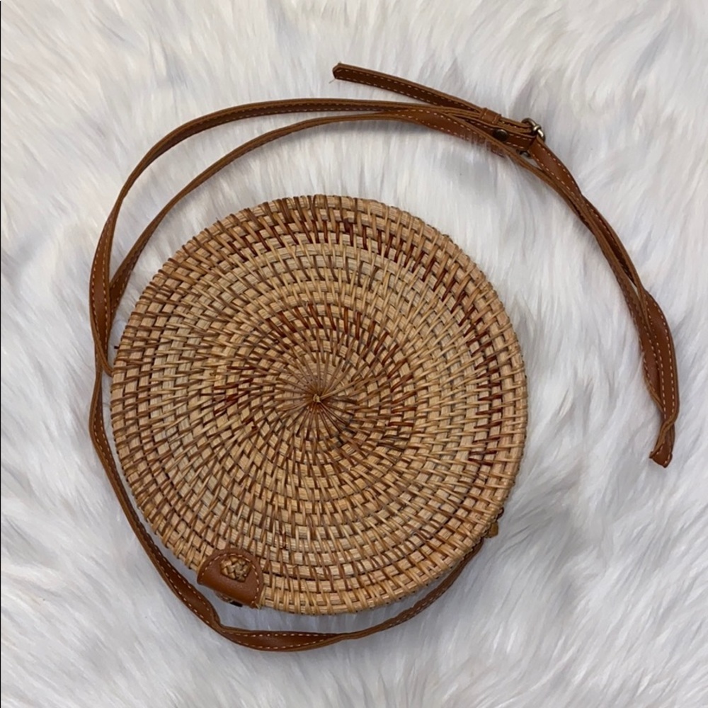 Handwoven round Rattan bag Leather strap